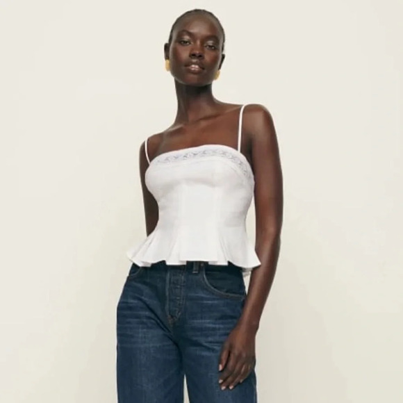 Reformation Meryl Linen Lace Trim Peplum Skinny Strap Blouse Top - Picture 3 of 7